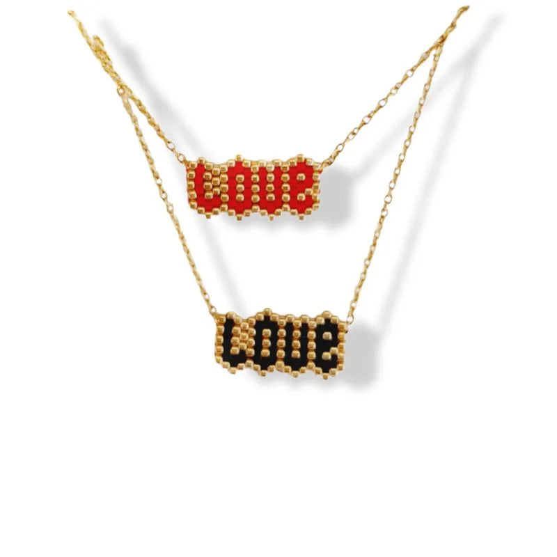 Κολιέ ατσάλινο, στυλ μακραμέ που γράφει "love" Σε μαύρο χρυσό & σε κόκκινο χρυσό