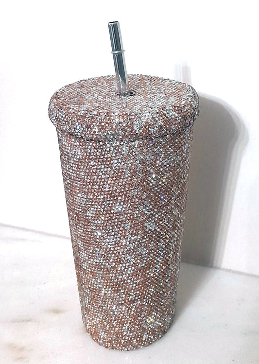 Θερμό ποτήρι με στρας ασημί και χρυσά με καλαμάκι μεταλλικό.